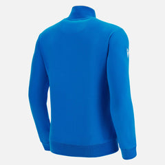Felpa mezza zip azzurra Rugby Italia Macron uomo, dettaglio logo Macron.