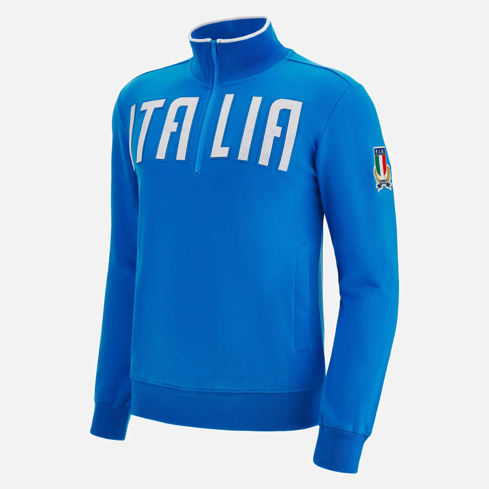 Felpa rugby Italia mezza zip azzurra FIR con logo ricamato.