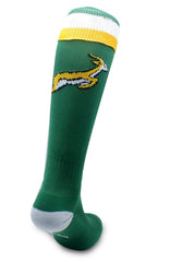 Calze da rugby verdi con logo Springbok, stile nazionale Sud Africa.