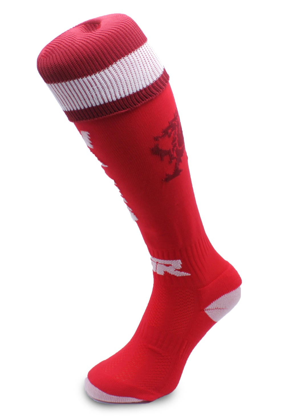 Calze da rugby RGR Nazionali Galles rosse con dettagli bianchi e logo.