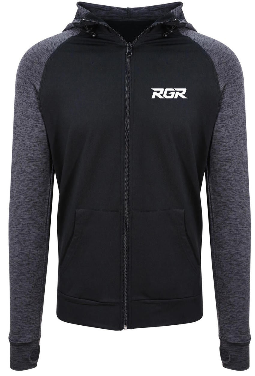 Felpa tecnica lunga con zip RGR ArmourSkin nera e grigia, logo RGR visibile.