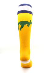 Calze rugby nazionali Australia, gialle con canguro verde e dettagli blu/bianchi.