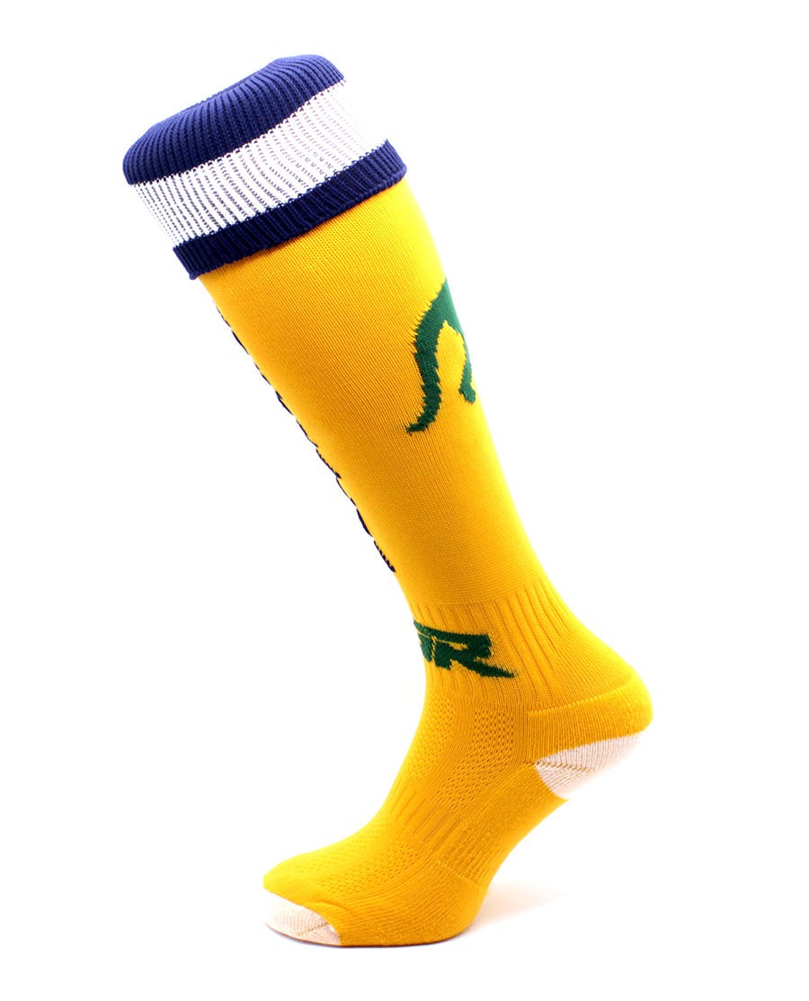 Calze da rugby RGR gialle con logo verde, stile Nazionale Australia.