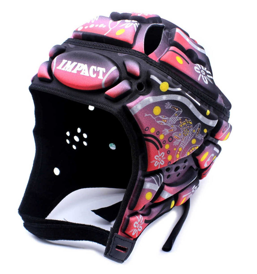 Caschetto da rugby Impact con design roccioso indigeno, rosso e nero.