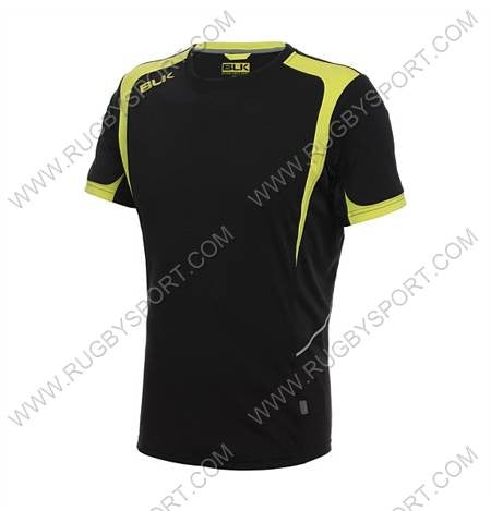 T-shirt tecnica BLK Vapor nera con inserti giallo fluo, ideale per il rugby.