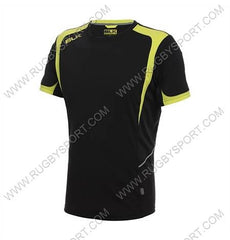 T-shirt tecnica BLK Vapor nera con inserti giallo fluo, ideale per il rugby.