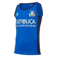 Canottiera da rugby Italia FIR Macron blu da uomo, logo Macron e stemma FIR.