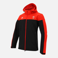 Giacca softshell Macron Galles Rugby nera e rossa con cappuccio.