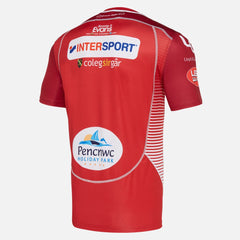 Maglia rugby Scarlets home pro 2023/24, rossa con sponsor.