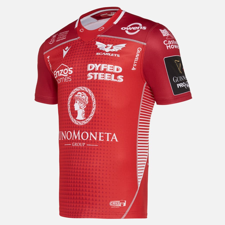 Maglia da rugby Scarlets home pro 2023/2024, rossa con dettagli bianchi.