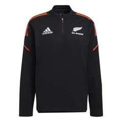 Felpa da rugby nera Adidas All Blacks 2022 con zip corta e dettagli arancioni.
