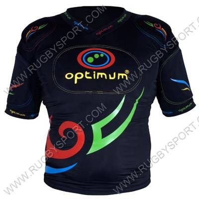 Maglia da rugby Optimum con protezioni tribal bokka nere e dettagli colorati.