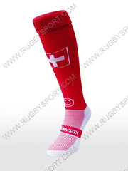 Calza Wacky Sox rossa con bandiera svizzera e logo, ideale per il rugby.