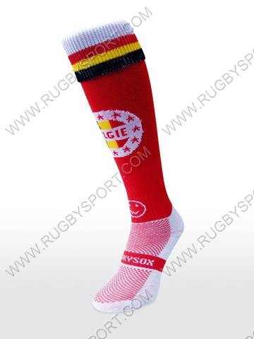 Calza Wacky Sox Belgio rossa con logo e banda tricolore, perfetta per il rugby.