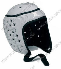 Caschetto da rugby Gilbert VX-5 argento con protezioni laterali e chiusura a velcro.