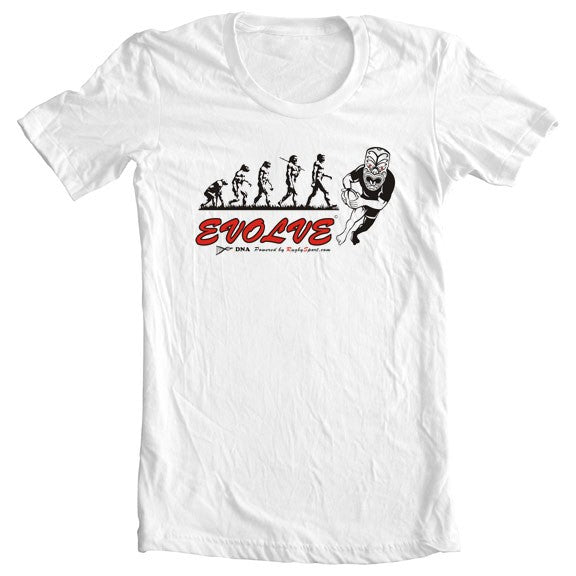 T-shirt bianca da uomo con stampa "Evolve" e evoluzione umana verso un giocatore di rugby.