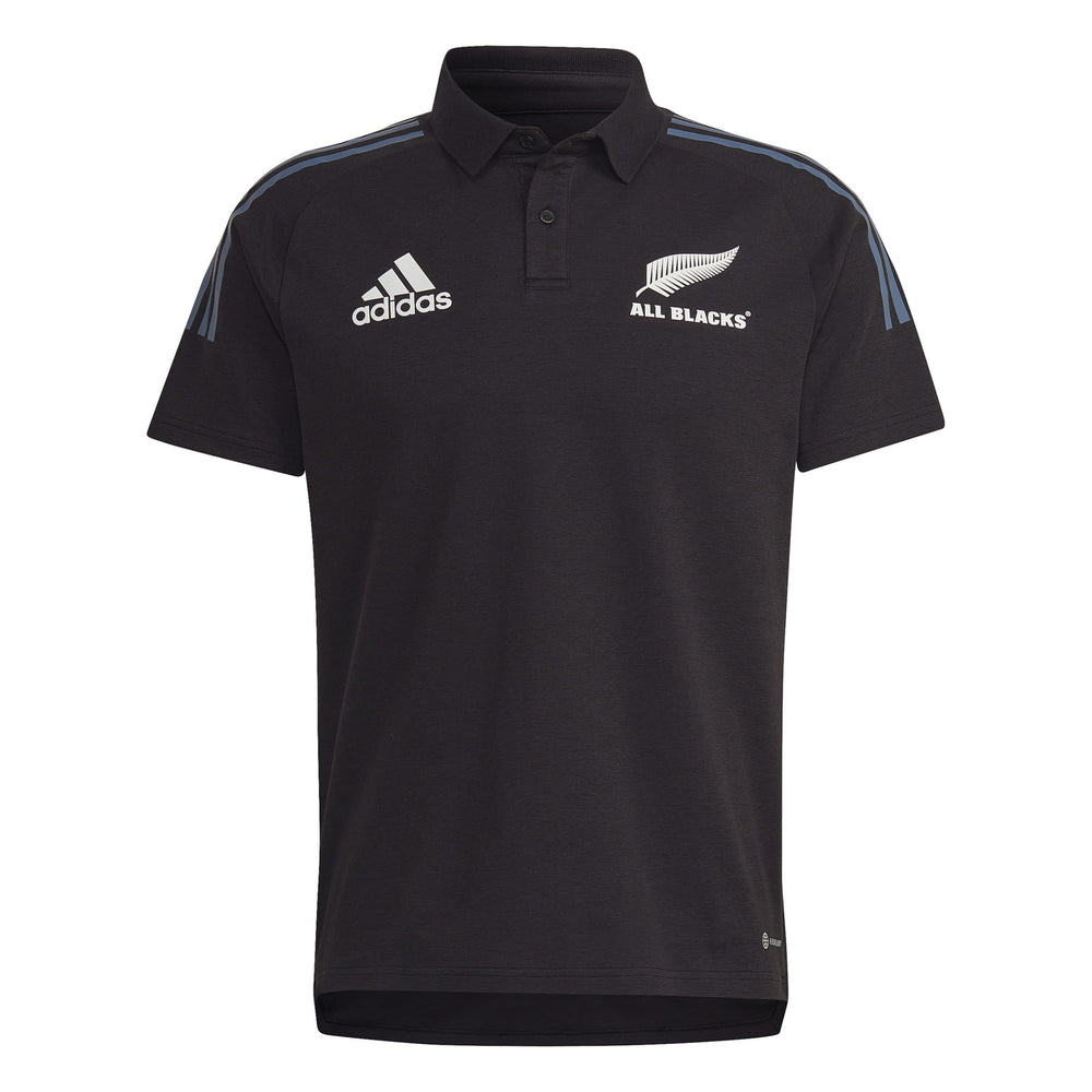 Polo da rugby nera All Blacks 2023 Adidas con scollo a V e logo bianco.