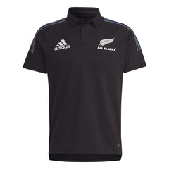 Polo da rugby nera All Blacks 2023 Adidas con scollo a V e logo bianco.