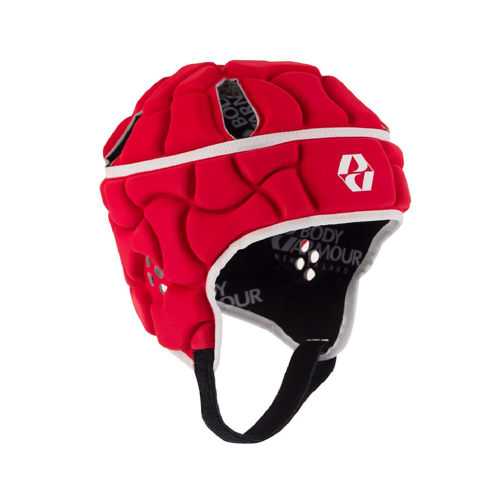 Caschetto Rugby Club Body Armour Rosso: casco da rugby rosso con imbottitura protettiva, ideale per allenamenti e partite.