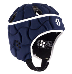 Caschetto da rugby blu Body Armour per bambino, con logo bianco e chiusura in velcro.