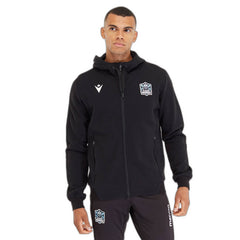 Felpa da uomo Macron nera con zip lunga, logo Glasgow Warriors e dettagli bianchi.