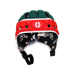 Caschetto da rugby Body Armour rosso e verde con design ventilato.