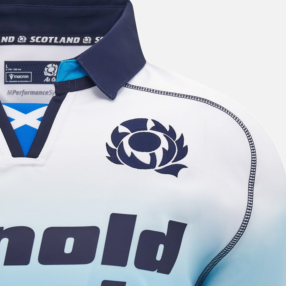 Maglia rugby Scozia Macron Pro Away 2025 ufficiale, design azzurro sfumato.