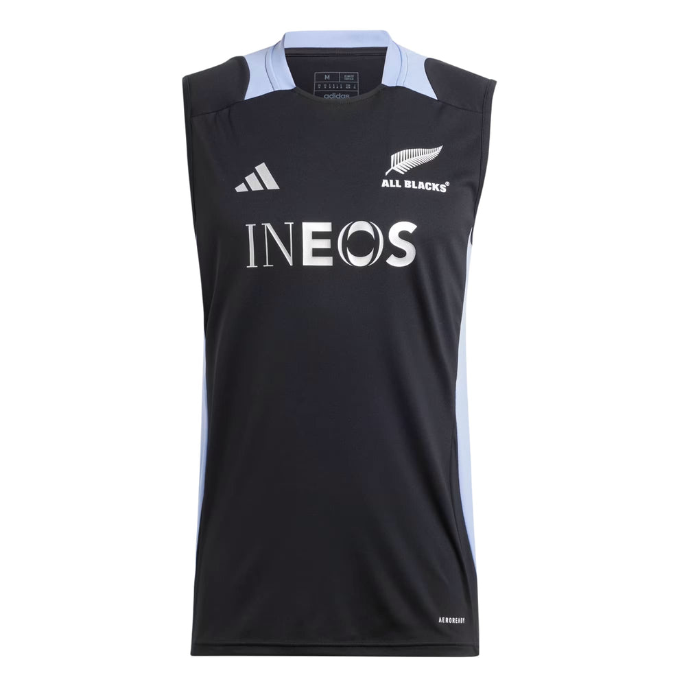 Canottiera ufficiale All Blacks 2025 Adidas, nero con inserti azzurri, logo Adidas e INEOS.