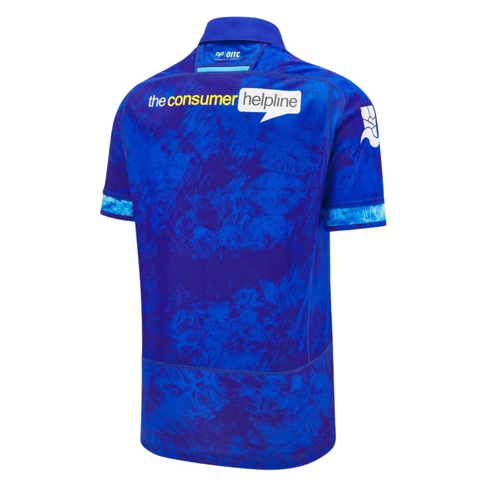 Maglia Ospreys Rugby 2025 Euro: maglia da rugby blu, vista posteriore, con logo dello sponsor "the consumer helpline"