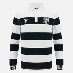 Maglia rugby a maniche lunghe a righe bianche e nere, con logo sul petto.