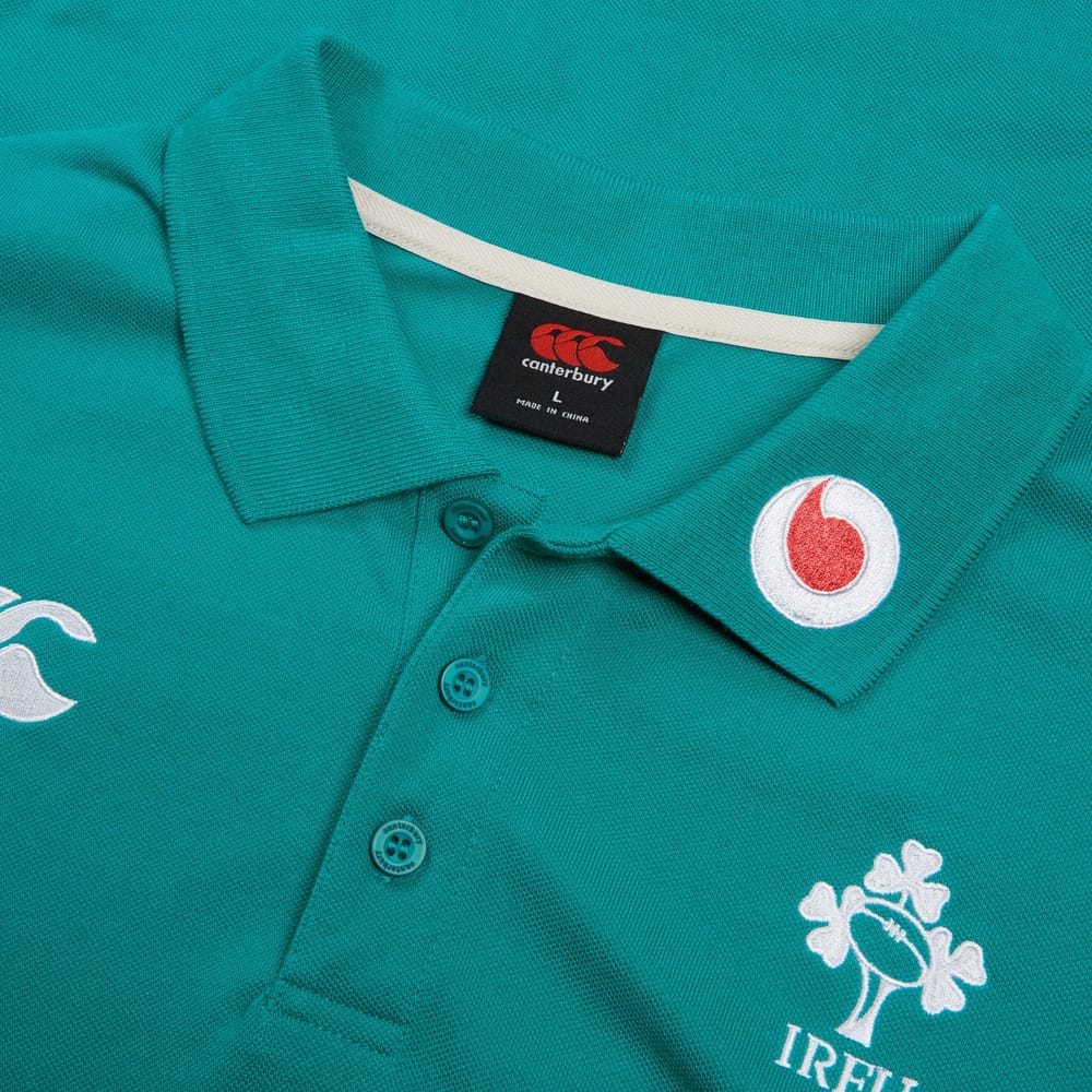 Polo rugby Irlanda ufficiale verde Canterbury, logo Vodafone e trifoglio.