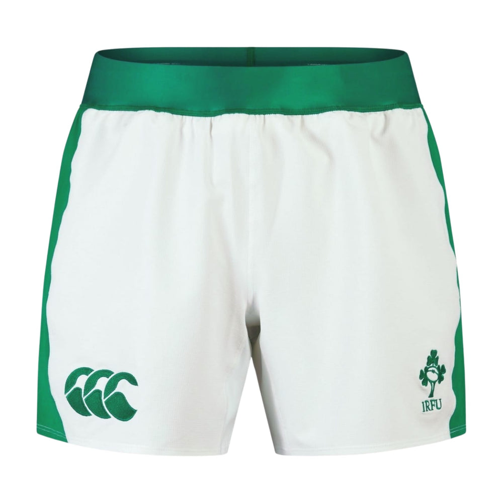 Pantaloncini da rugby Irlanda Canterbury bianchi con logo IRFU e trifoglio.
