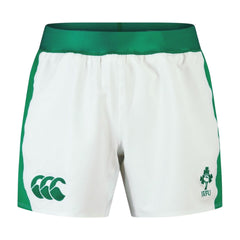 Pantaloncini da rugby Irlanda Canterbury bianchi con logo IRFU e trifoglio.