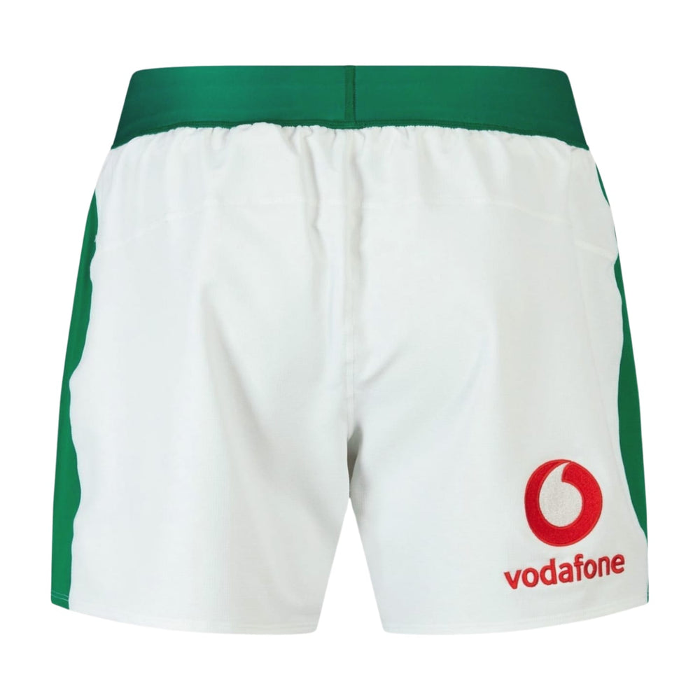 Pantaloncini da rugby Irlanda gara home 2026 bianchi con logo Vodafone.