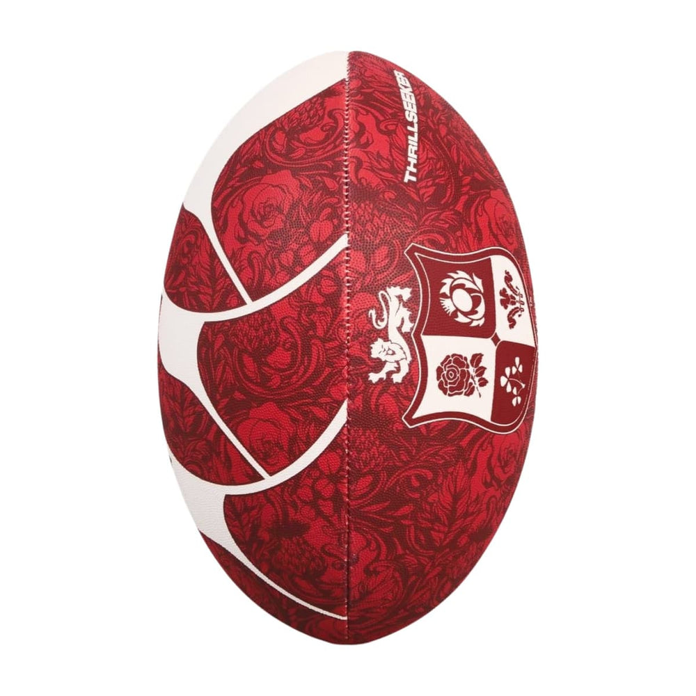 Pallone Rugby British & Irish Lions Thrillseeker Bordo: pallone da rugby rosso e bianco, con motivo floreale e l'emblema dei British & Irish Lions.