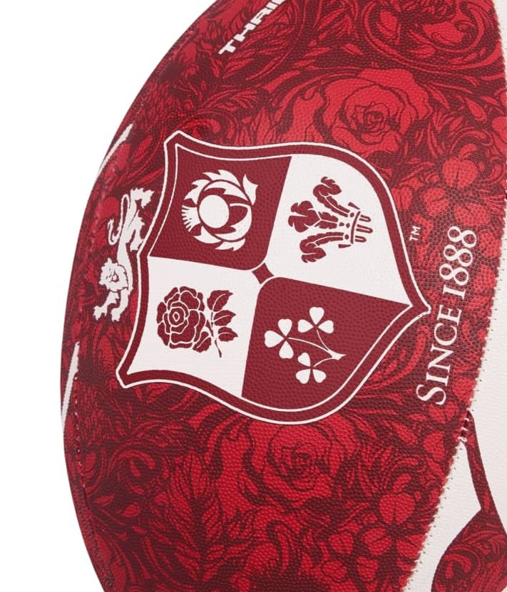 Pallone Rugby British & Irish Lions Thrillseeker Bordo: pallone da rugby color bordeaux con stemma dei British & Irish Lions e intricato motivo floreale.