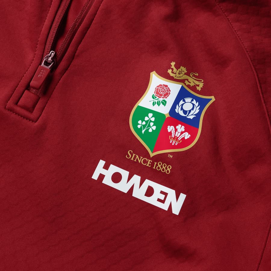 Felpa mezza zip ufficiale British & Irish Lions, colore bordeaux, con logo e scritta Howden.