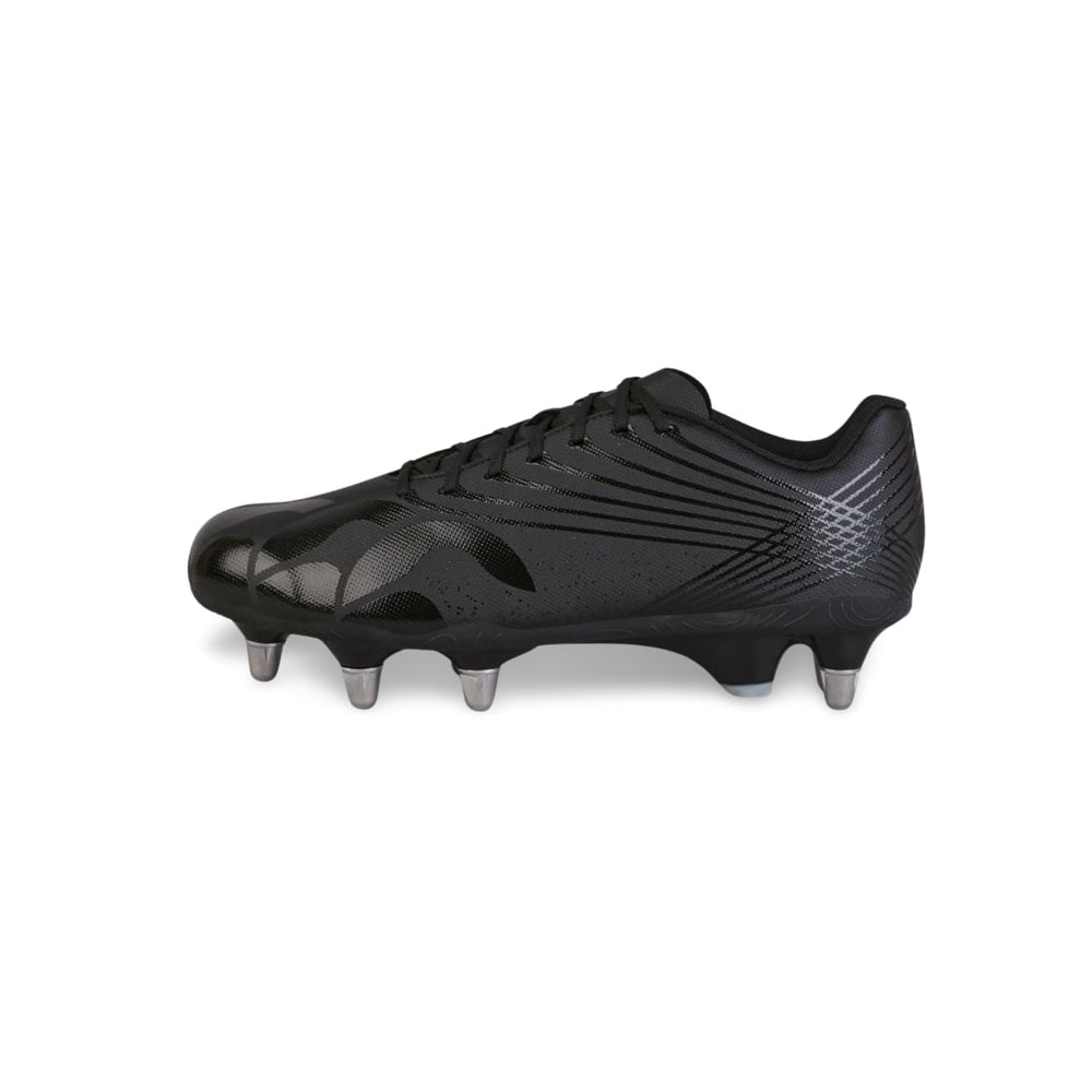 Scarpino da rugby Canterbury Stampede SG nero con dettagli argento e tacchetti metallici.