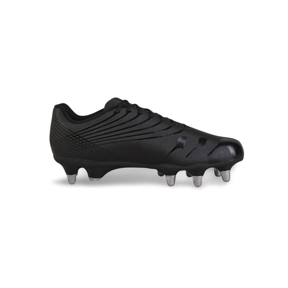 Scarpino da rugby Canterbury Stampede SG argento e nero, con tacchetti metallici.