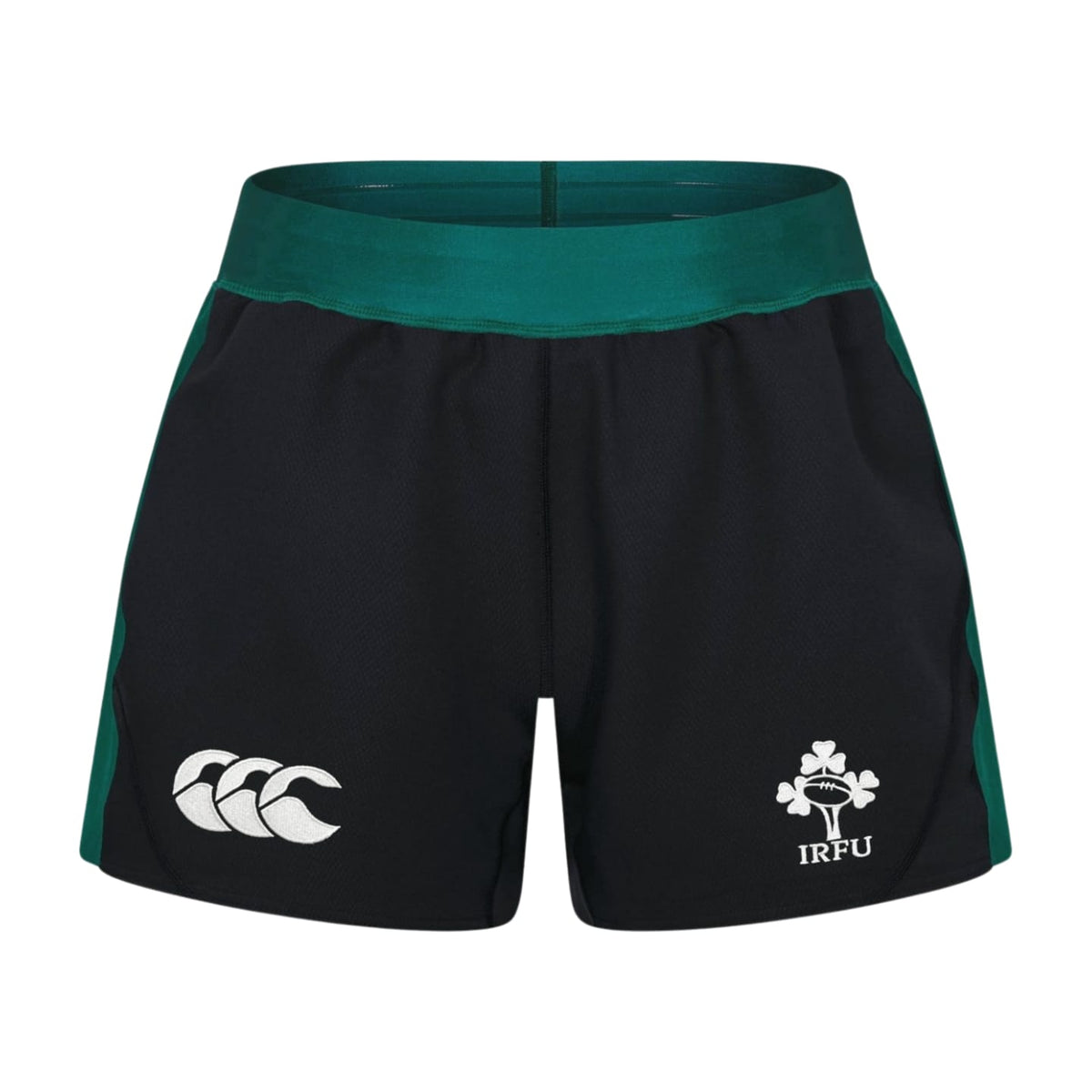 Pantaloncini da rugby Irlanda gara away 2026 neri con logo IRFU e Canterbury.