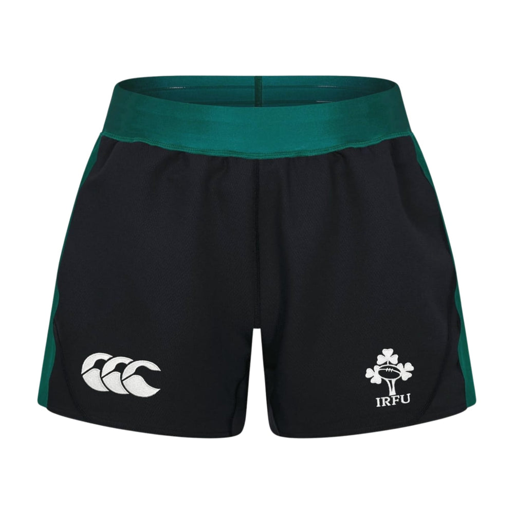 Pantaloncini da rugby Irlanda gara away 2026 neri con logo IRFU e Canterbury.