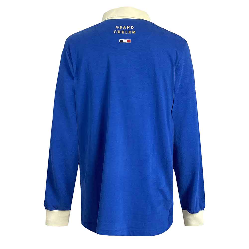 Maglia da rugby francese vintage del 1968: maglia da rugby a maniche lunghe blu reale con la scritta "Grand Chelem" ricamata sul retro.