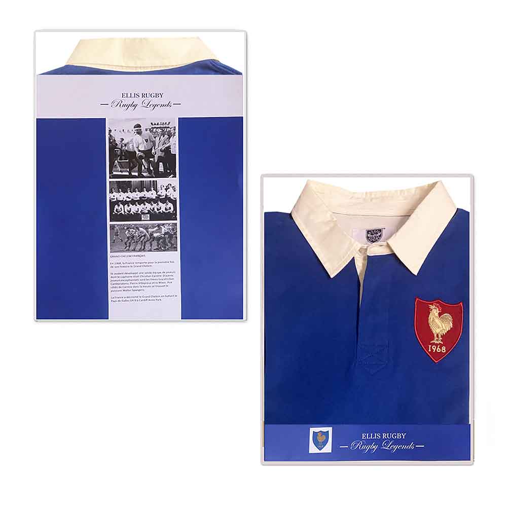 Maglia Rugby Francia 1968 Vintage: Maglia da rugby blu con colletto color crema, con stemma del gallo del 1968. Un pezzo da collezione per gli appassionati di rugby.