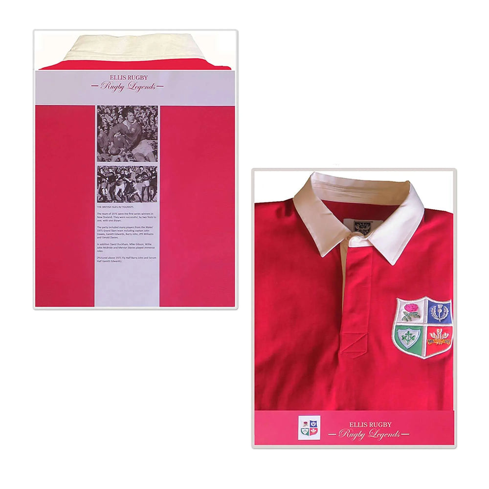 Maglia da rugby vintage British Isles 1971 rossa con colletto bianco, stemma e foto storiche.