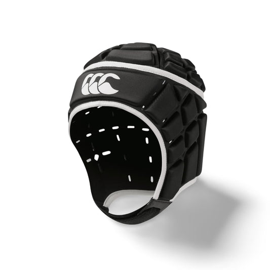 Caschetto da rugby Canterbury Core nero con logo bianco, ideale per la protezione.
