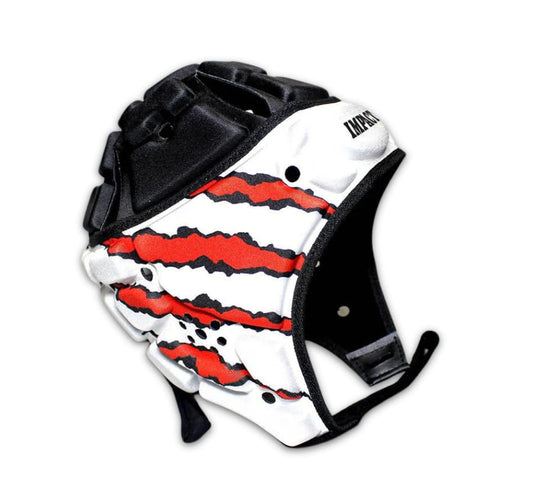 Caschetto da rugby Impact Artiglio bianco e rosso con design a graffi.