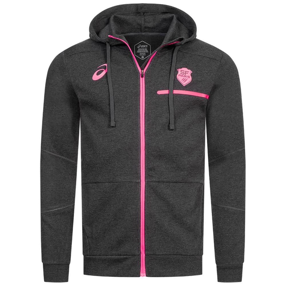 Felpa con cappuccio ufficiale Stade Francais Asics grigia con dettagli fucsia.