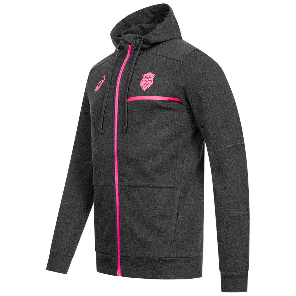 Felpa con cappuccio grigia ufficiale Stade Français Asics con zip fucsia.