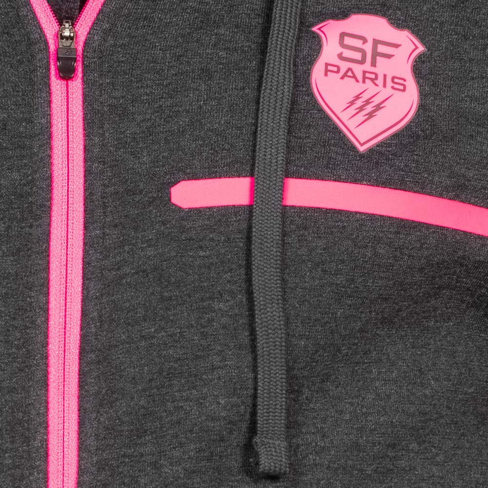 Felpa con cappuccio grigia ufficiale Asics Stade Français Paris con zip fucsia.