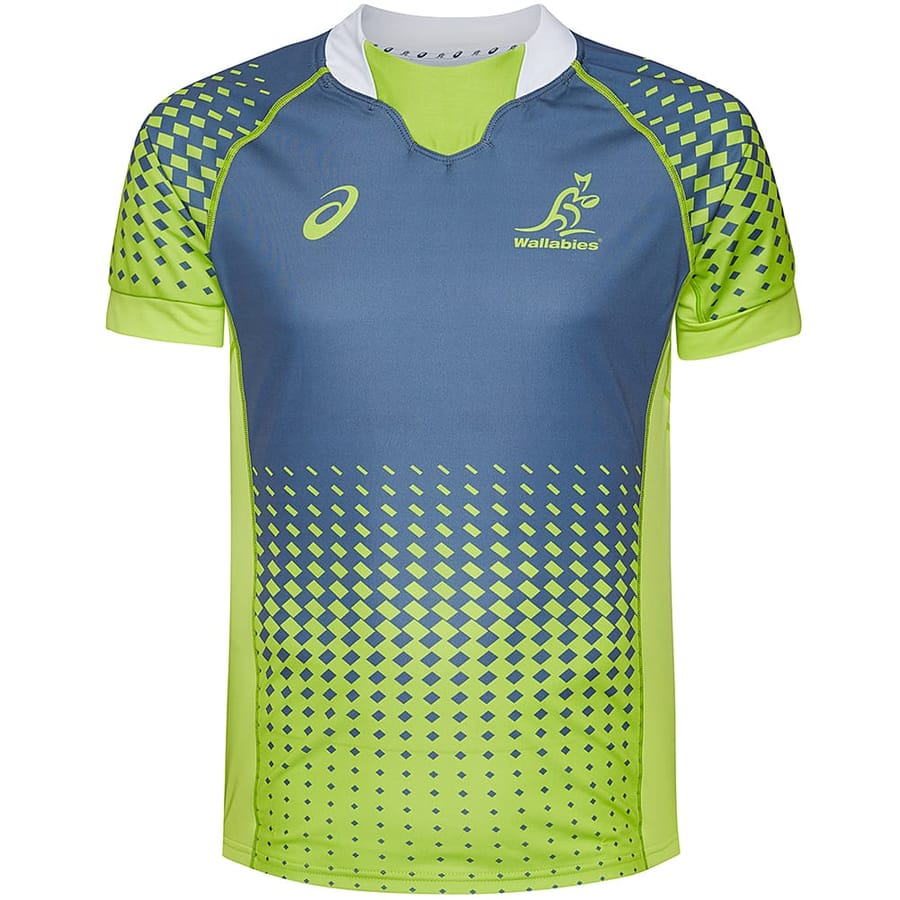 Maglia da allenamento rugby Wallabies Australia verde lime e blu con logo.